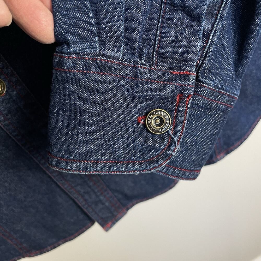Vintage Ralph Lauren Chaps Denim Shirt Mens XL Y2K Red Stitching Sleeve Spellout - Picture 9 of 13